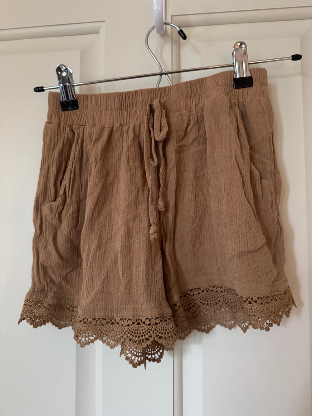 Kingston Crochet-Hem High-Waist Shorts — Tan